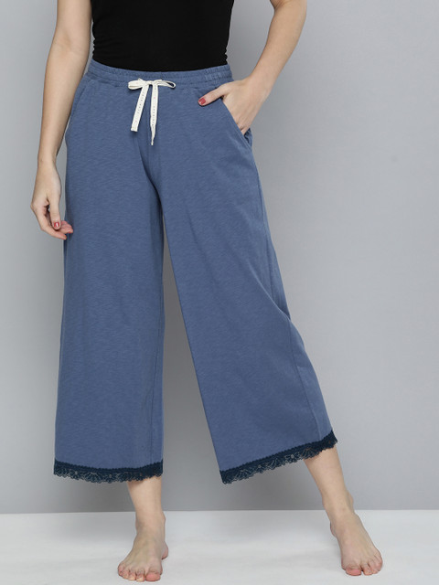 

Chemistry Women Navy Blue Solid Flared Lounge Pants