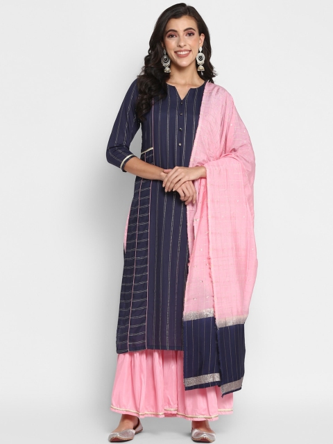 

VAABA Women Blue Striped Kurta with Sharara & With Dupatta