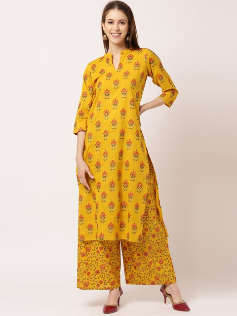 

THE NKS PLUS Women Mustard Yellow Floral Printed Pure Cotton Kurta with Trousers