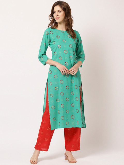 

THE NKS PLUS Women Green Printed Pure Cotton Kurta with Trousers