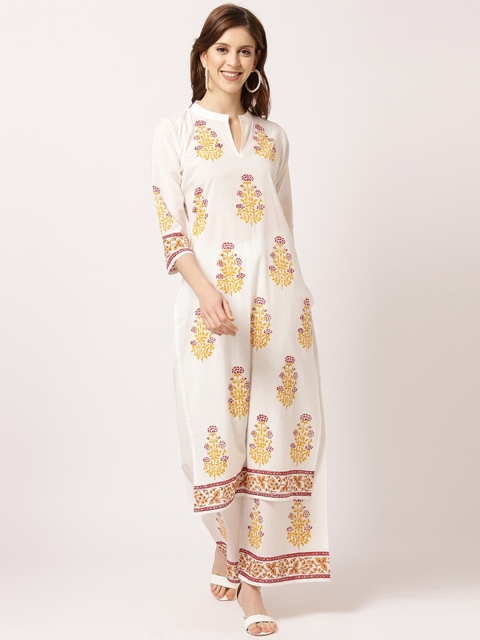 

THE NKS PLUS Women Cream-Coloured & Yellow Ethnic Motifs Pure Cotton Kurta With Palazzos