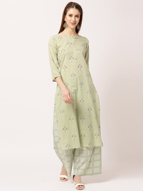

THE NKS PLUS Women Green Floral Printed Pure Cotton Kurta with Palazzos