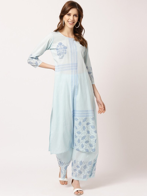 

THE NKS PLUS Women Blue Floral Printed Pure Cotton Kurta with Palazzos