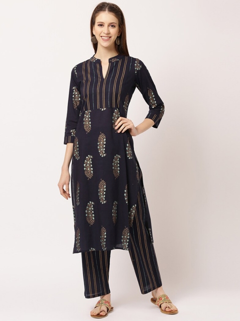 

THE NKS PLUS Women Navy Blue Ethnic Motifs Printed Panelled Pure Cotton Kurti with Trousers