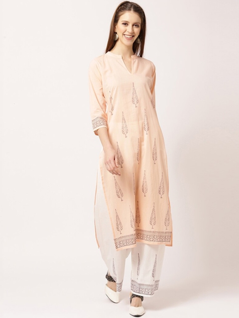 

THE NKS PLUS Women Peach-Coloured Ethnic Motifs Printed Pure Cotton Kurta with Patiala