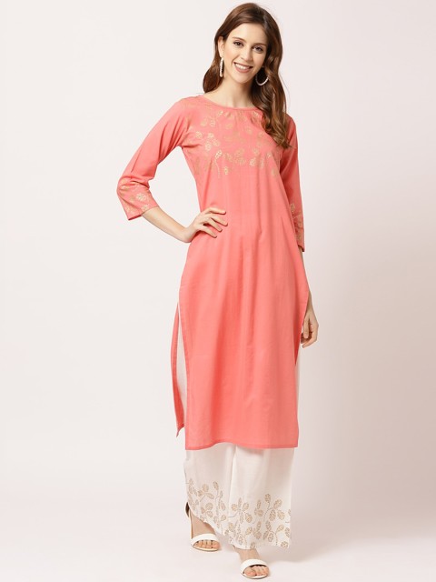 

THE NKS PLUS Woman Peach Floral Printed Pure Cotton Kurta with Palazzos