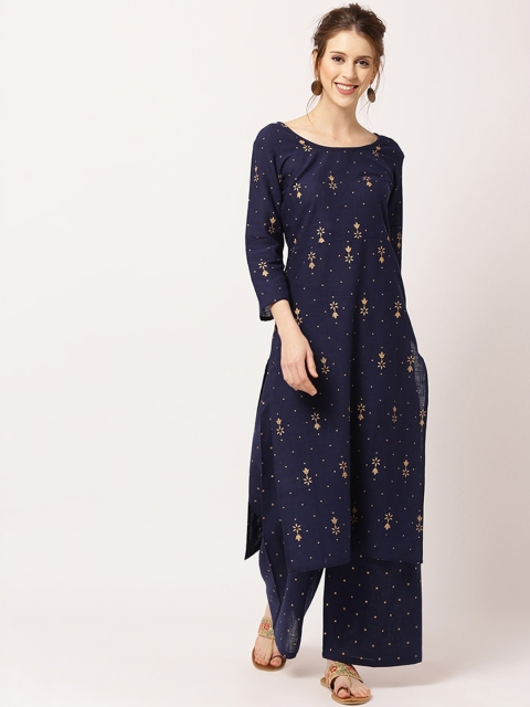 

THE NKS PLUS Women Navy Blue Ethnic Motifs Printed Pure Cotton Kurta with Trousers