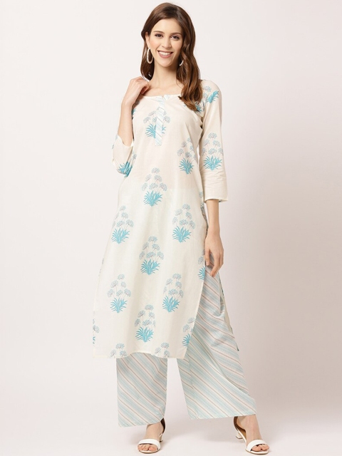 

THE NKS PLUS Women White Floral Printed Pure Cotton Kurta with Palazzos