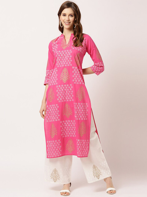 

THE NKS PLUS Women Pink Ethnic Motifs Printed Pure Cotton Kurta with Palazzos