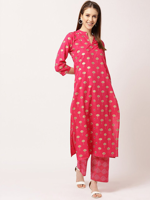 

THE NKS PLUS Women Pink Ethnic Motifs Printed Pure Cotton Kurta with Trousers