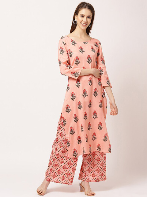 

THE NKS PLUS Women Pink Floral Printed Panelled Pure Cotton Kurta with Palazzos
