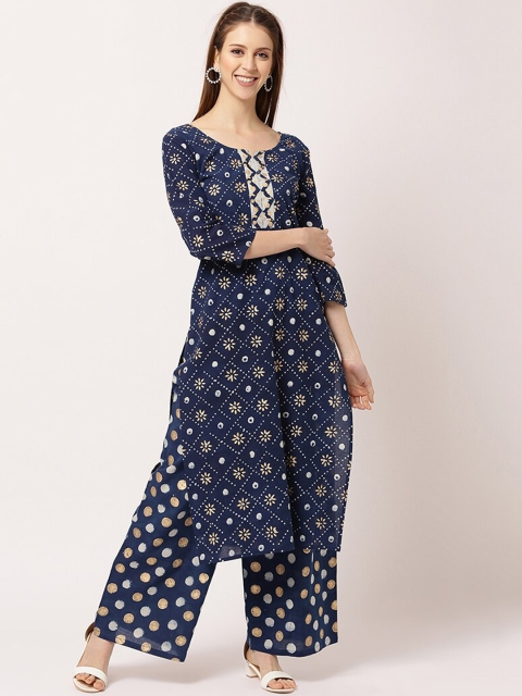 

THE NKS PLUS Women Navy Blue Ethnic Motifs Pleated Pure Cotton Kurta with Palazzos