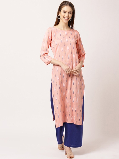 

THE NKS PLUS Women Pink Floral Printed Pure Cotton Kurti with Palazzos