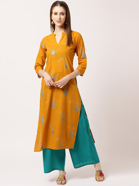 

THE NKS PLUS Women Mustard Yellow Floral Printed Pure Cotton Kurta with Palazzos