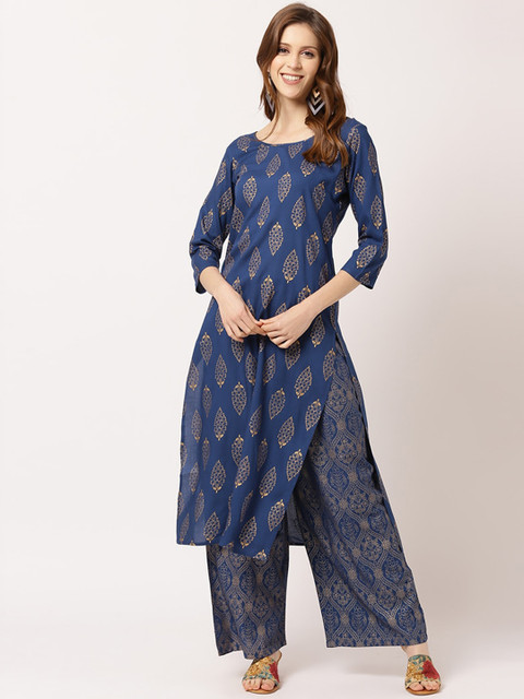 

THE NKS PLUS Women Navy Blue Ethnic Motifs Printed Pure Cotton Kurta with Palazzos