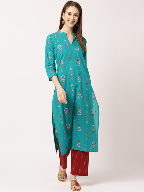 

THE NKS PLUS Women Teal Ethnic Motifs Printed Pure Cotton Kurta with Palazzos