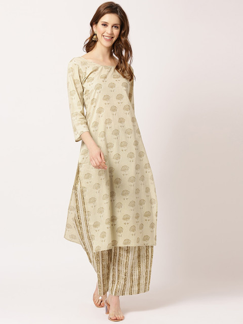 

THE NKS PLUS Women Green Floral Printed Pure Cotton Kurta With Palazzos