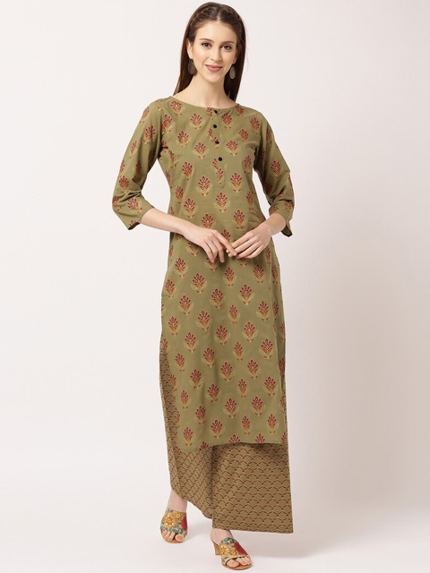 

THE NKS PLUS Women Green Floral Printed Pure Cotton Kurta with Palazzos