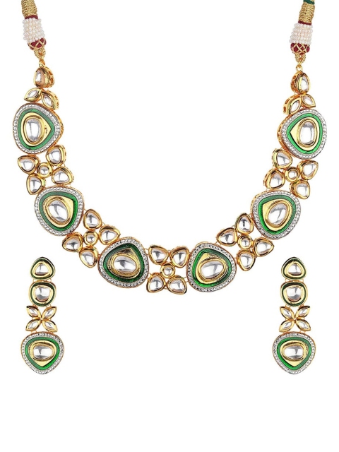 

Runjhun Green & White Gold Toned Kundan Beaded Gold Plated Choker Set