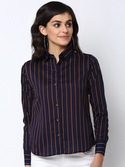 

Enchanted Drapes Women Navy Blue & Orange Striped Crepe Casual Shirt