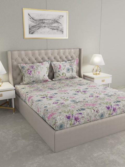 

Raymond Home Grey & Pink Floral 120 TC Queen Bedsheet with 2 Pillow Covers
