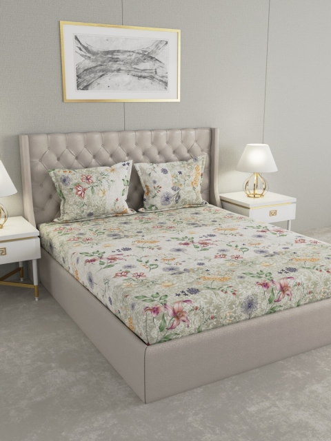 

Raymond Home Grey & Green Floral 120 TC Queen Bedsheet with 2 Pillow Covers