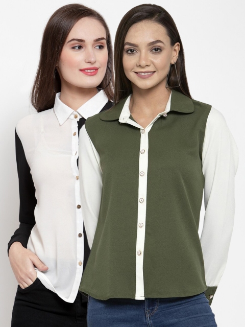 

armure Women Pack of 2 Olive Green & Black Colourblocked Casual Shirts