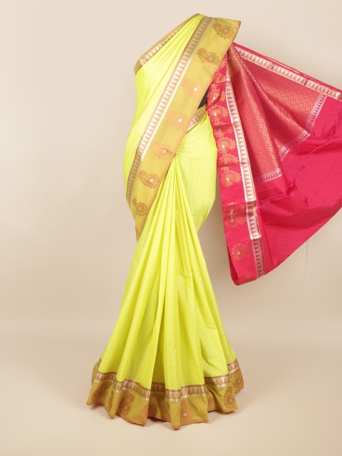 

Pothys Fluorescent Green & Pink Ethnic Motifs Zari Art Silk Saree