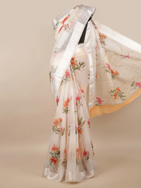 

Pothys White Cotton Blend Floral Print Saree