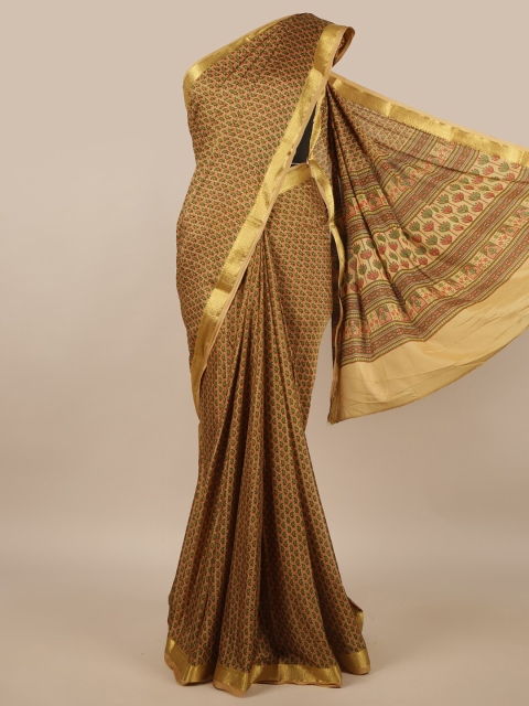 

Pothys Gold-Toned & Green Paisley Printed Satin Saree