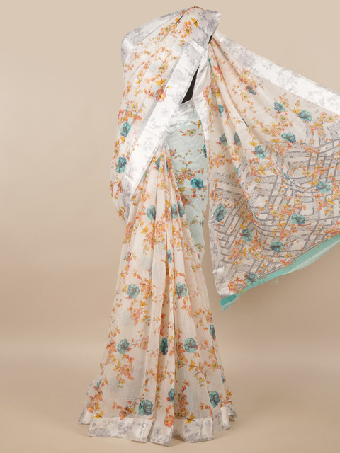 

Pothys White & Orange Floral Saree