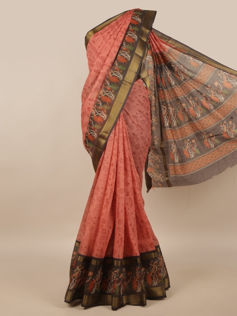 

Pothys Pink & Black Floral Cotton Blend Saree