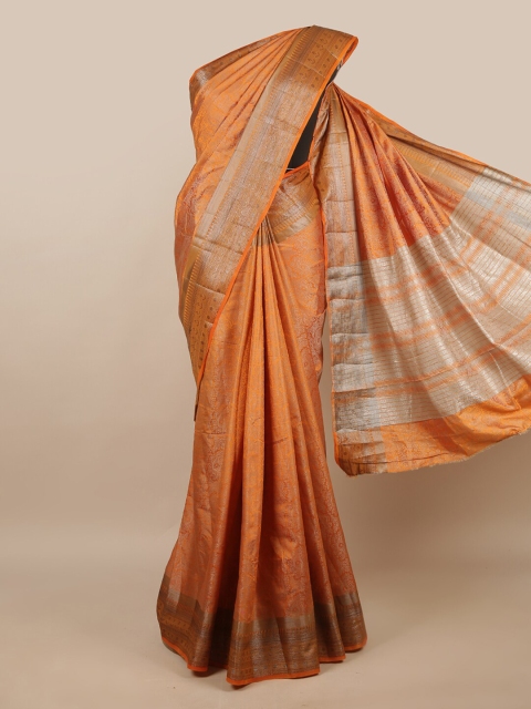 

Pothys Orange & Silver-Toned Ethnic Motifs Zari Jute Silk Saree