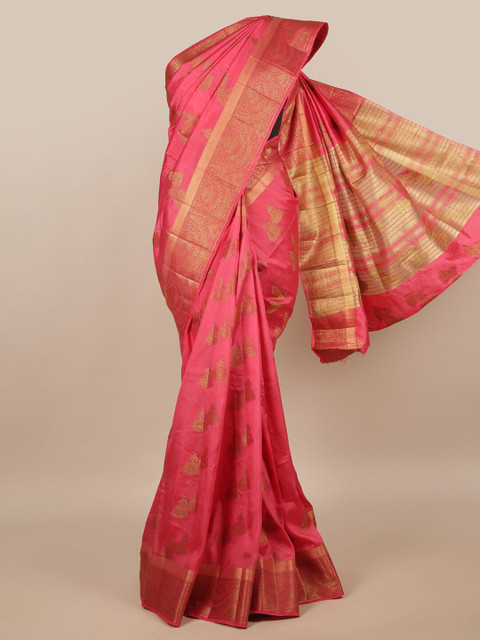 

Pothys Pink & Gold-Toned Woven Design Zari Jute Silk Saree