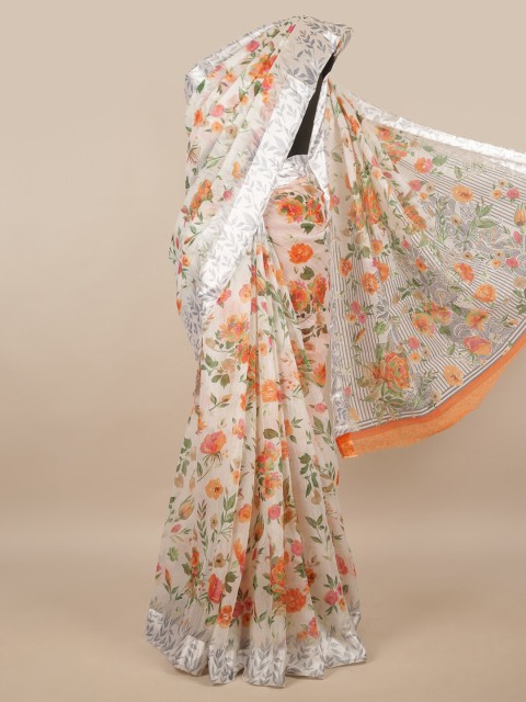 

Pothys White & Orange Floral Saree
