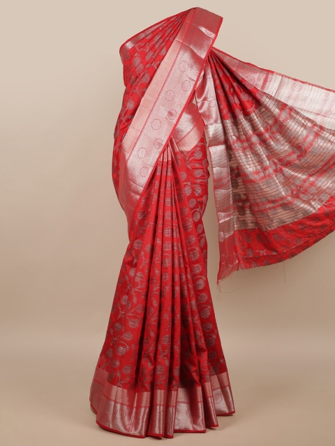 

Pothys Red & Silver-Toned Ethnic Motifs Zari Jute Silk Saree