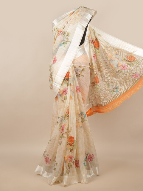 

Pothys Cream-Coloured & Orange Floral Printed Saree