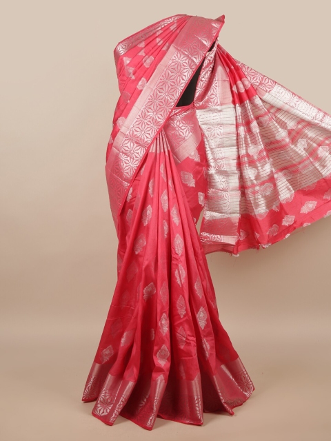 

Pothys Pink & Silver-Toned Woven Design Zari Jute Silk Saree