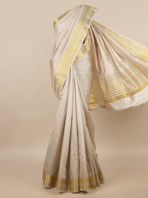 

Pothys Cream-Coloured & Gold Ethnic Motifs Jute Silk Saree