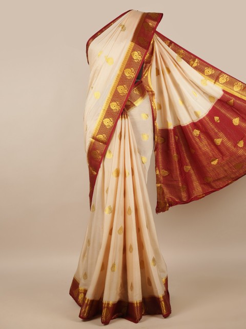 

Pothys Cream-Coloured & Maroon Ethnic Motifs Zari Saree