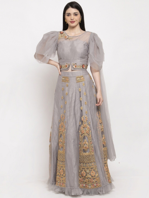 

KHALOM Grey & Gold-Toned Embroidered Zardozi Ready to Wear Lehenga Choli