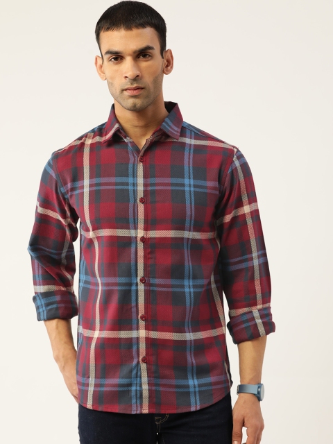 

Molly & Michel Men Maroon & Blue Pure Cotton Slim Fit Checked Casual Shirt