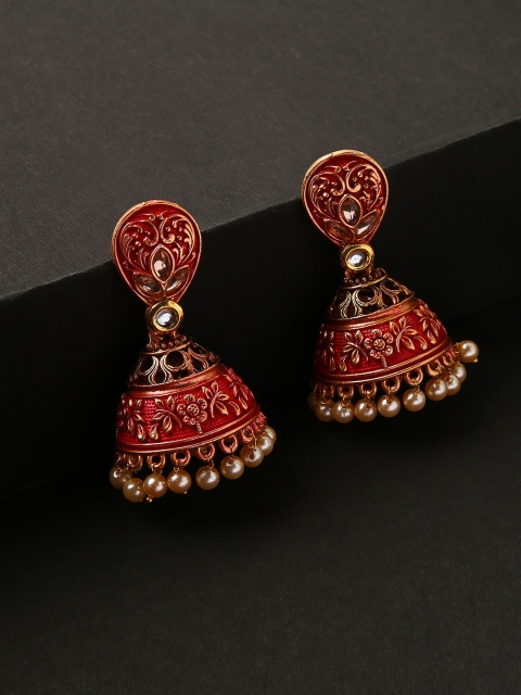 

justpeachy Red & Gold-Plated Dome Shaped Jhumkas Earrings