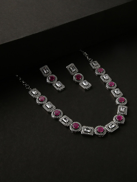

justpeachy Magenta & Silver Stone Studded Jewellery Set