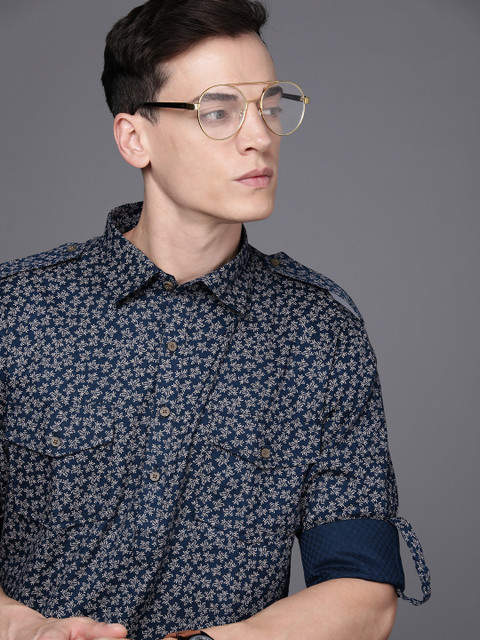 

Manu Men Navy Blue & Beige Ethnic Motifs Printed Pathani Kurta