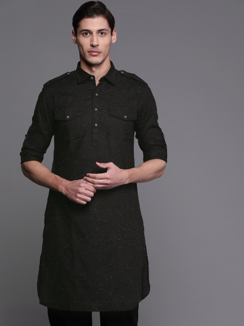 

Manu Men Black Pathani Kurta with Speckle Detail