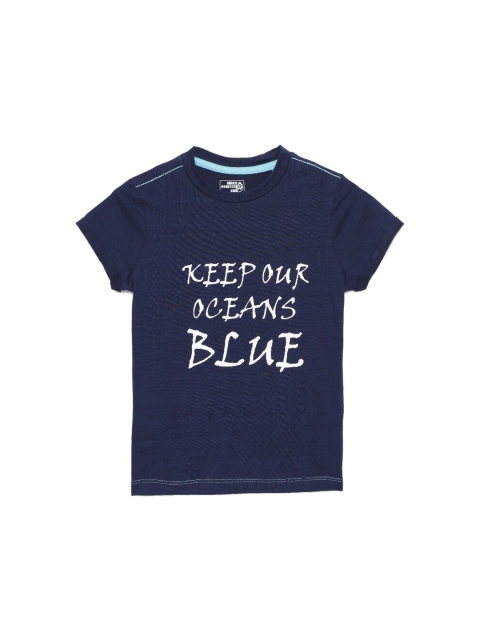 

UNDER FOURTEEN ONLY Boys Navy Blue Typography Printed V-Neck Raw Edge T-shirt