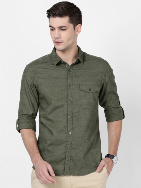 

t-base Plus Size Men Green Self Design Casual Cotton Shirt