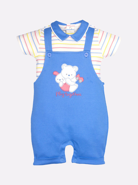 

BABY GO Boys Blue & White Solid Dungarees With T-Shirt