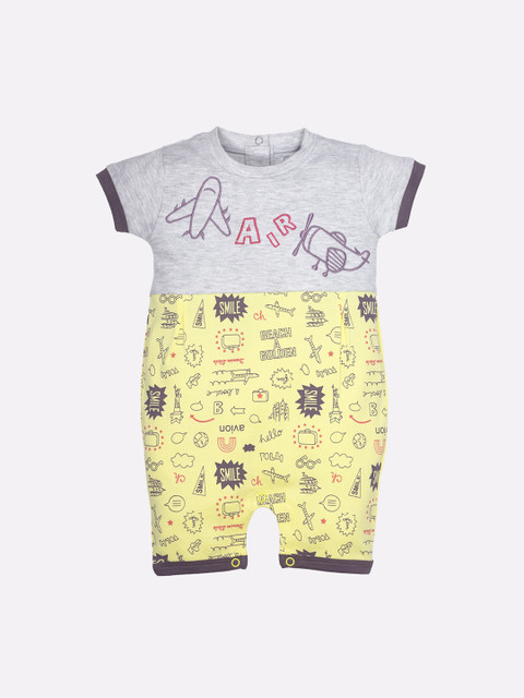 

BABY GO Infant Boys Yellow & Grey Printed Pure Cotton Rompers